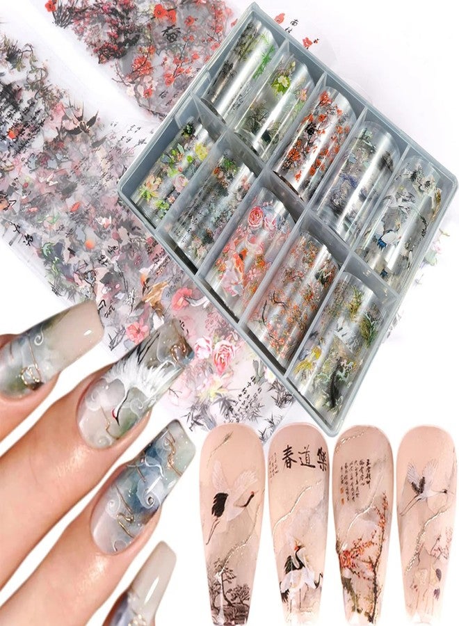 JERCLITY 10 Rolls Chinese Style Nail Foil Transfer Sticker Plum Orchid Bamboo Ink Painting Pattern Nail Art Decals Transfer Stickers Wraps - Image 1